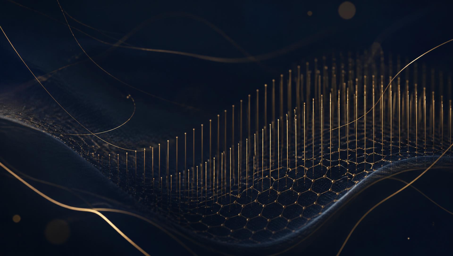 Abstract gold nanorod lattice on a deep navy background